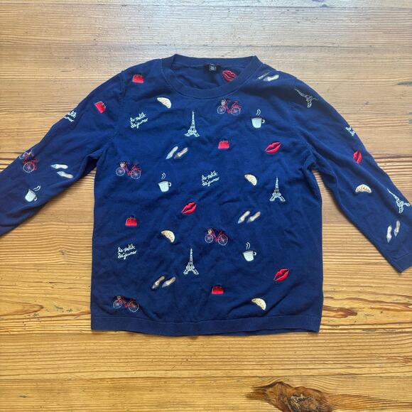 Talbots Paris dark navy blue embroidered crew lightweight sweater SIZE M - Picture 1 of 5